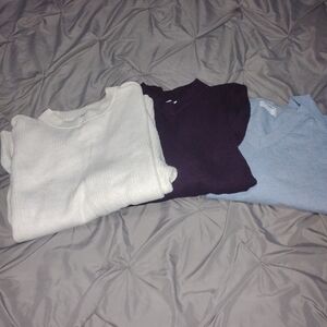 Cozy Sweater Trio in White, Purple, and Blue